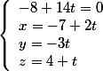 \left\lbrace\begin{array}l -8+14t=0 \\ x=-7+2t\\y=-3t\\z=4+t \end{array}